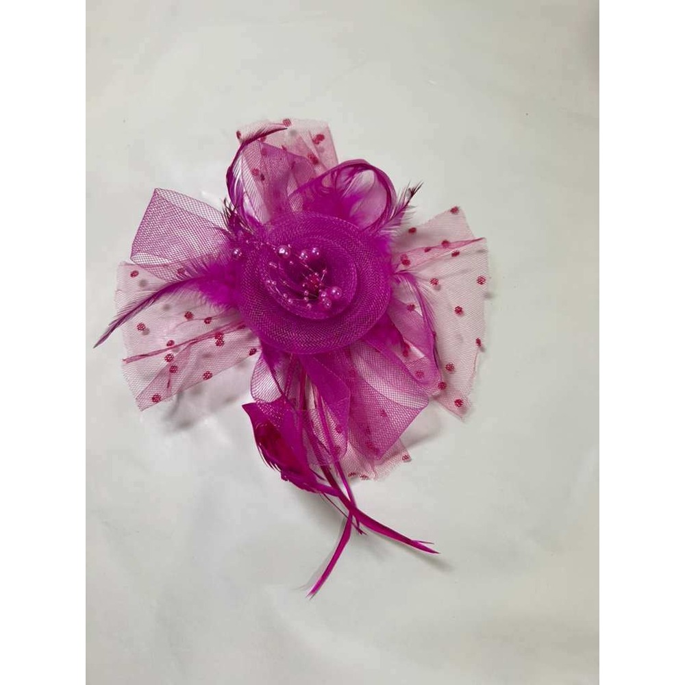 Fuchsia Fascinator Hair Clip Feather Pearl Polka Dot Mesh Tea Party Royal Luxury